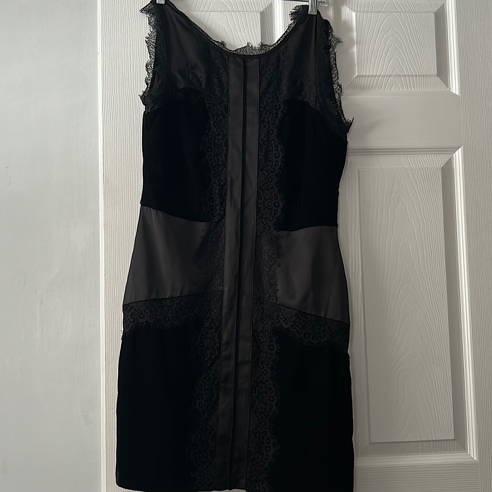 White House Black market black dress with lace stitching, suede, size 10